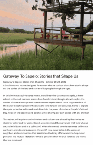 Image of red Adirondack chair on a deck overlook a salt marsh and description for Beth Waltemath's writing retreat on Sapelo Island, GA, October 2023, 2022 with Soul Ventures International